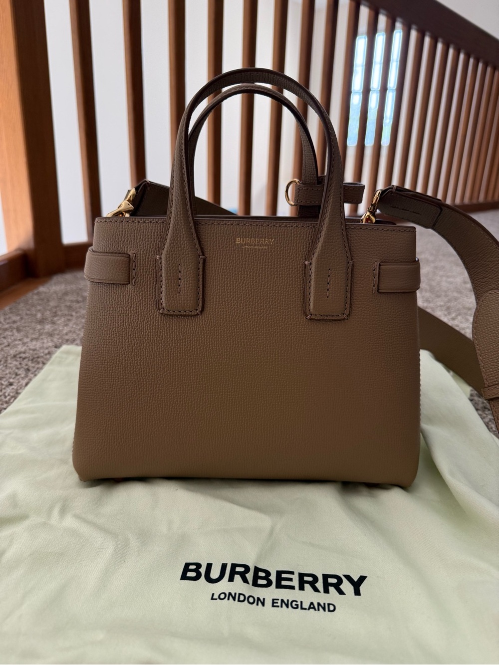 Burberry Grainy Calfskin House Check Small Banner Tote Camel